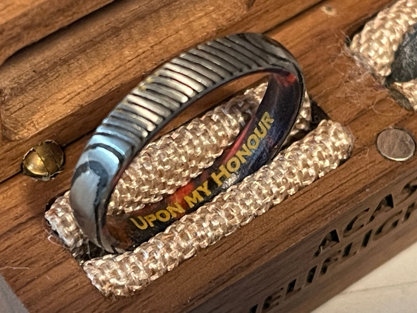 AME Ring - Damascus Stainless Steel and Wood With Brass Inlay